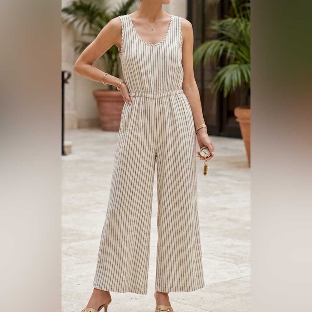 Gap Womens Striped Culotte Jumpsuit‎ Cream Navy Blue Sleeveless Rayon Large SP17